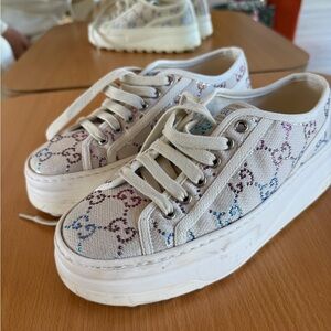 Gucci Women's Cream Sneakers with Multicolor Rhinestone GG Pattern